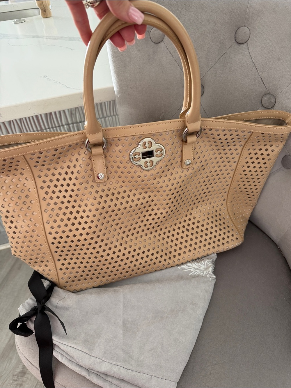 My Flat in London Beige Perforated Tote with Decorative Emblem